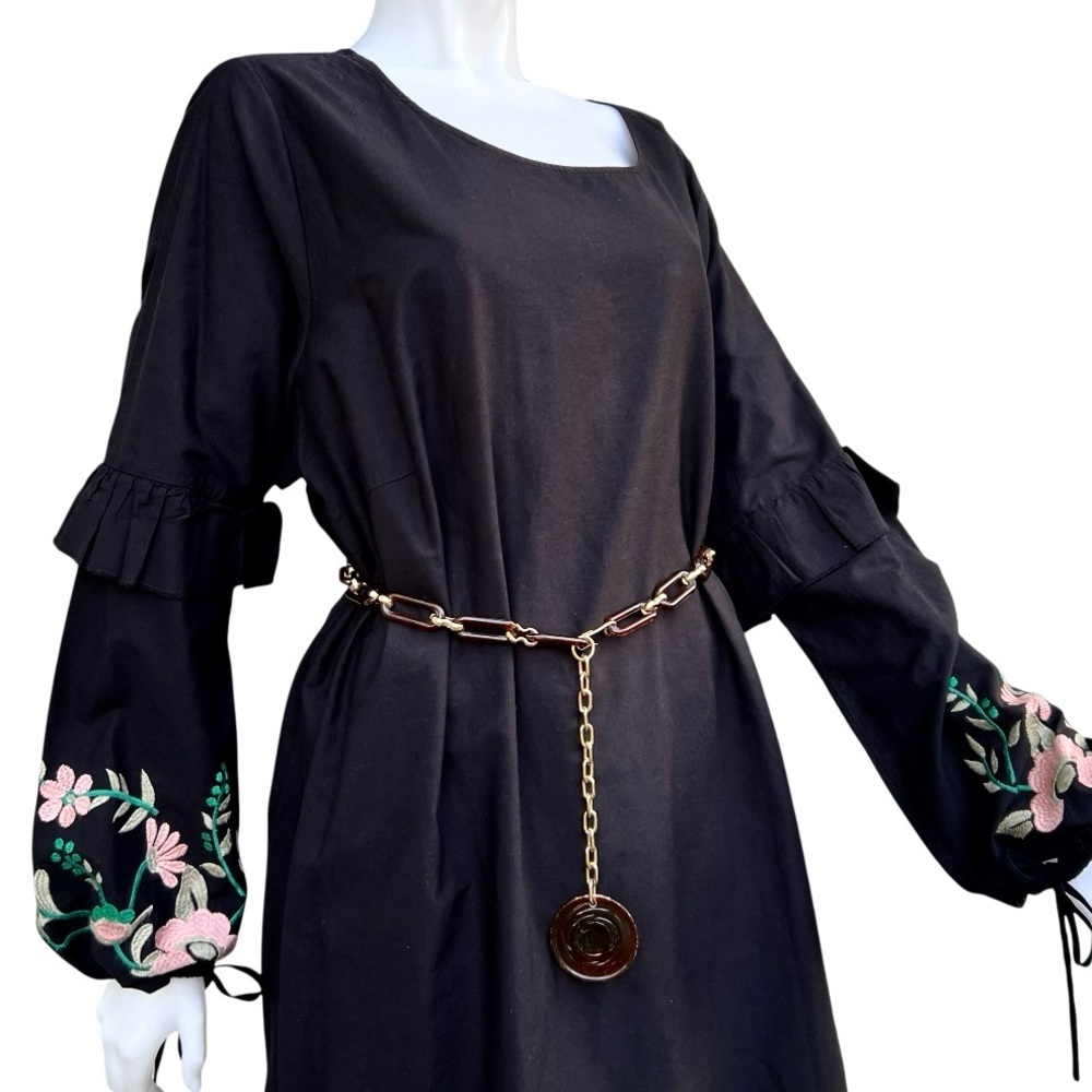 Black Embroidered Dress Cotton‎ Bishop Sleeve Ruffle Floral Oversized Sz 22 NWOT